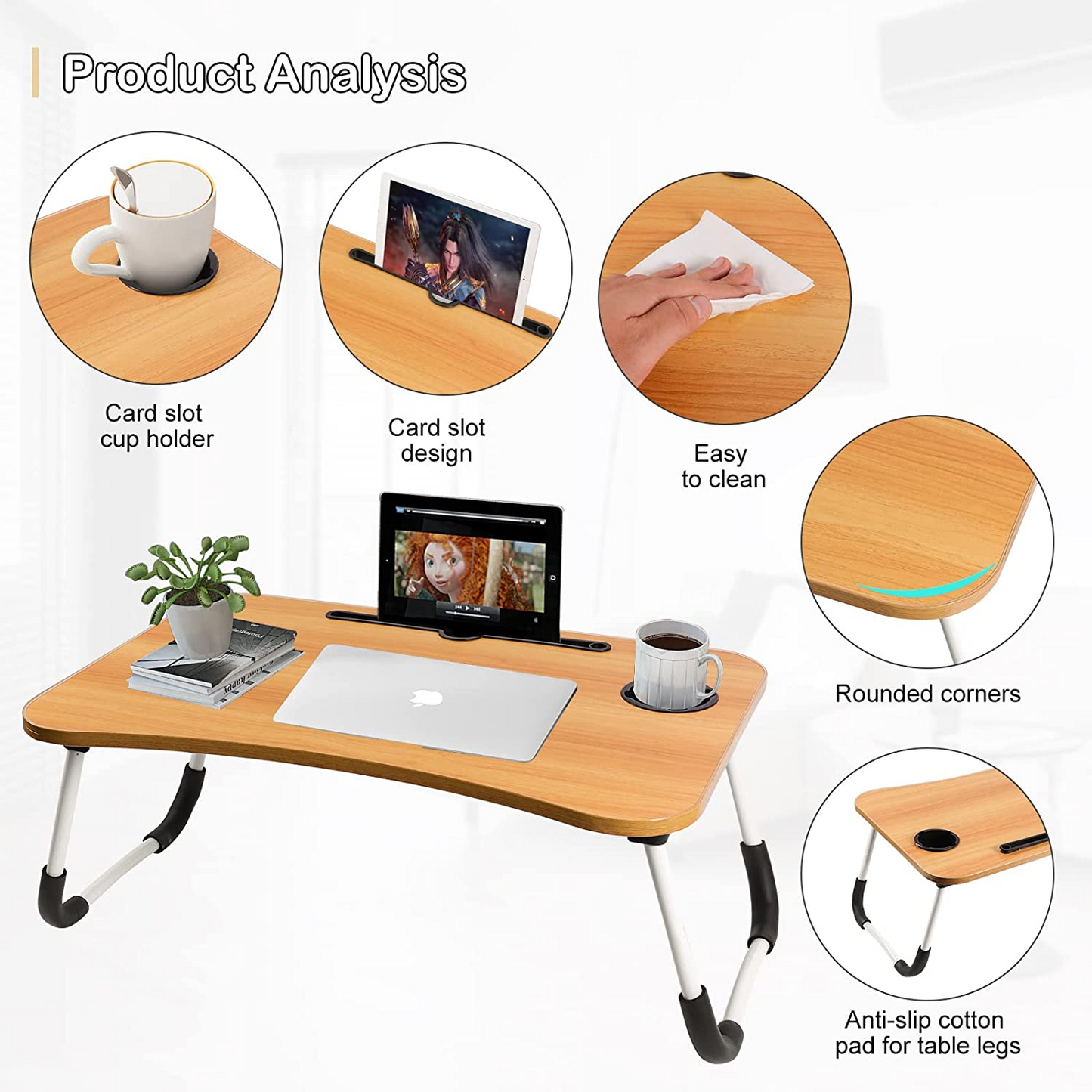 SKY-TOUCH Portable Folding bed Table, Laptop Desk With ipad and Cup Holder Adjustable Lap Tray Notebook Stand,Foldable Non-slip Legs Reading Table Tray for working,studing,camping 60×40×28cm Beige