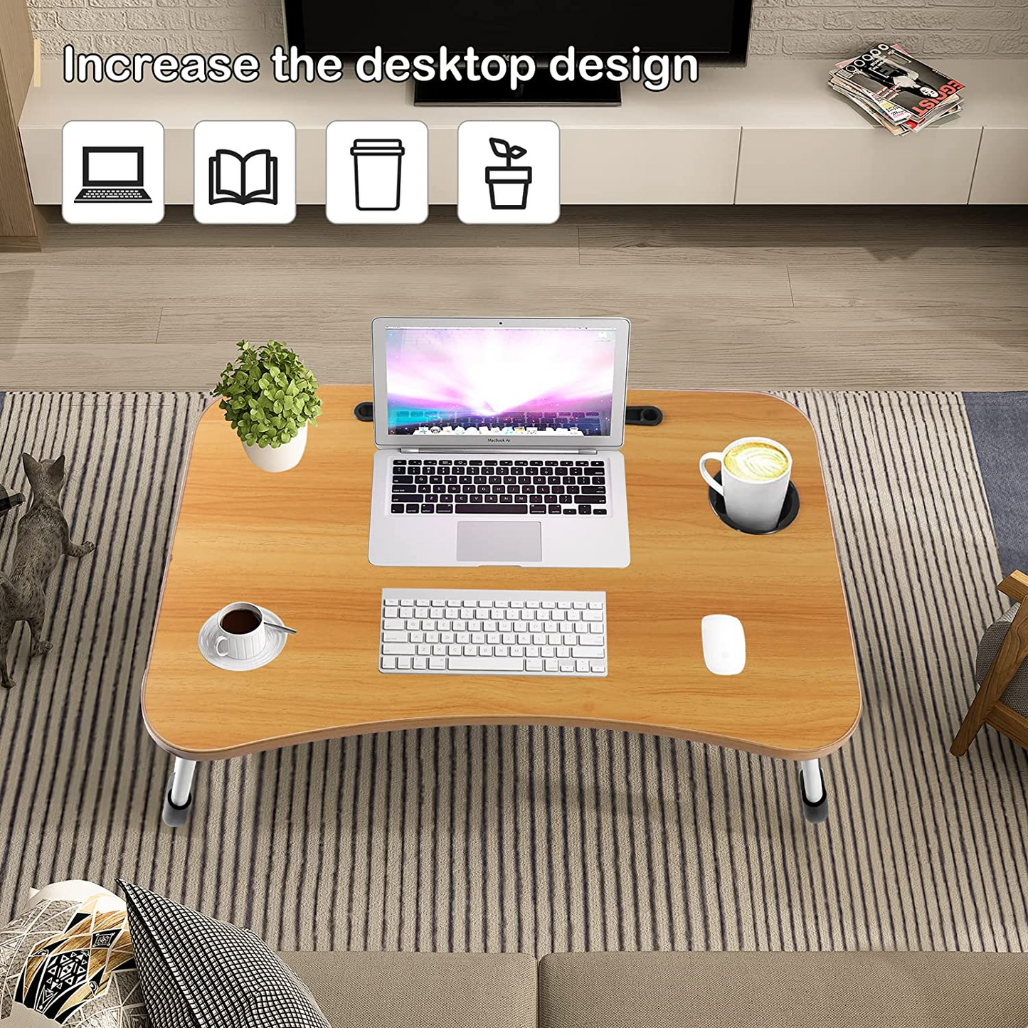 SKY-TOUCH Portable Folding bed Table, Laptop Desk With ipad and Cup Holder Adjustable Lap Tray Notebook Stand,Foldable Non-slip Legs Reading Table Tray for working,studing,camping 60×40×28cm Beige