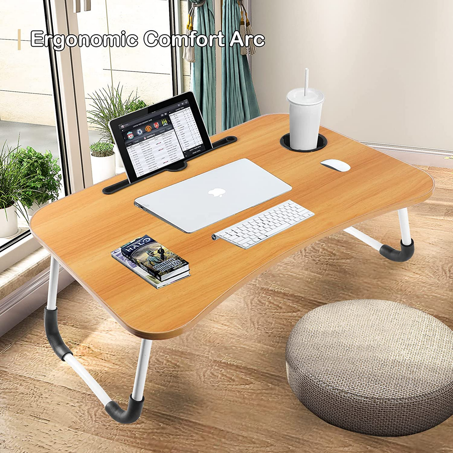 SKY-TOUCH Portable Folding bed Table, Laptop Desk With ipad and Cup Holder Adjustable Lap Tray Notebook Stand,Foldable Non-slip Legs Reading Table Tray for working,studing,camping 60×40×28cm Beige