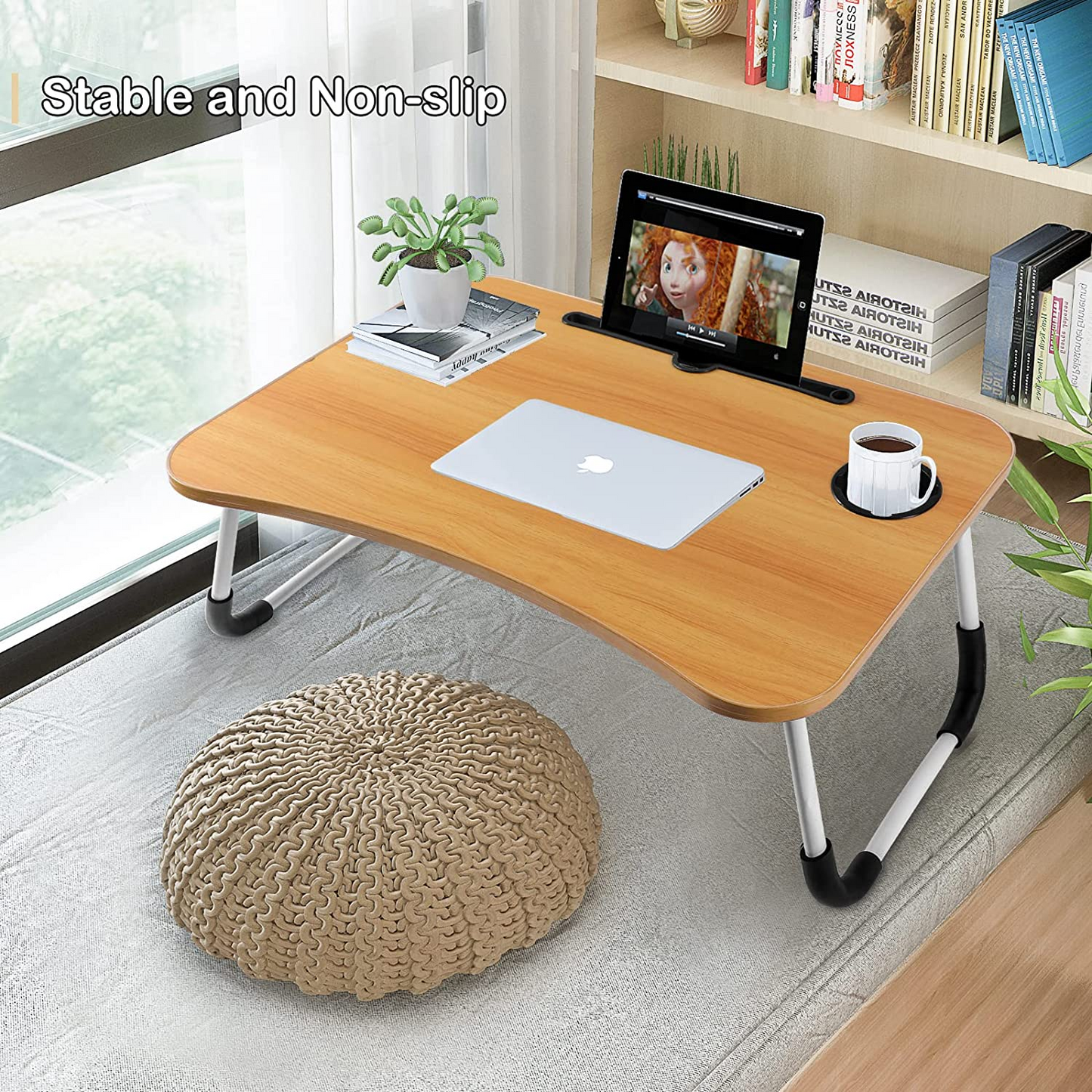 SKY-TOUCH Portable Folding bed Table, Laptop Desk With ipad and Cup Holder Adjustable Lap Tray Notebook Stand,Foldable Non-slip Legs Reading Table Tray for working,studing,camping 60×40×28cm Beige