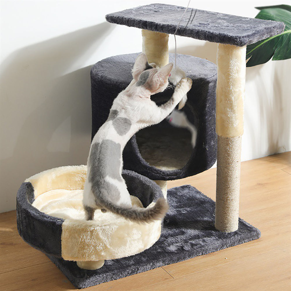 SKY-TOUCH Cat Tree Tower,Cat Condo with 4 Sisal Scratching Post,Activity Centre Cat Climbing Tree with Cat House,Hammock, Sisal Posts, Ladder, and Rest Place for Indoor Cat(120×54×30cm)Grey