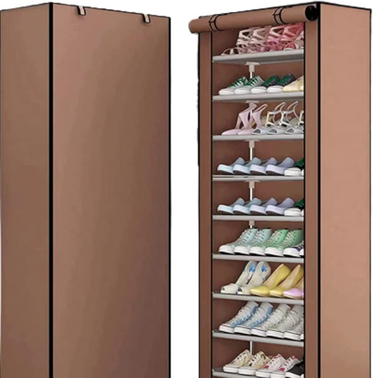 SKY-TOUCH 10 Tiers(9 shelfs) Simple Shoe Cabinet 160x60x30cm Shoe Dust Cover Folding Creative Home Shoe Rack with Dustproof Closet Storage Organizer - Brown