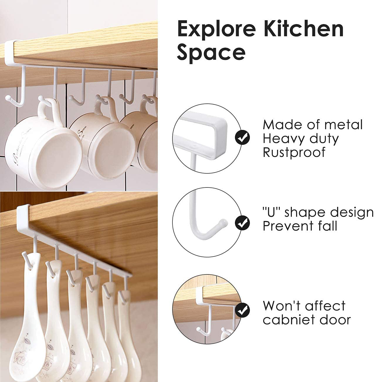 300pcs  Cup Holder Under Cabinet ,Multifunction Kitchen Drilling Free Coffee Cups Holder Hanger for Cups/Kitchen Utensils/Ties Belts/Scarf/Keys Storage Rack Cupboard Shelf Hanging Hook,White