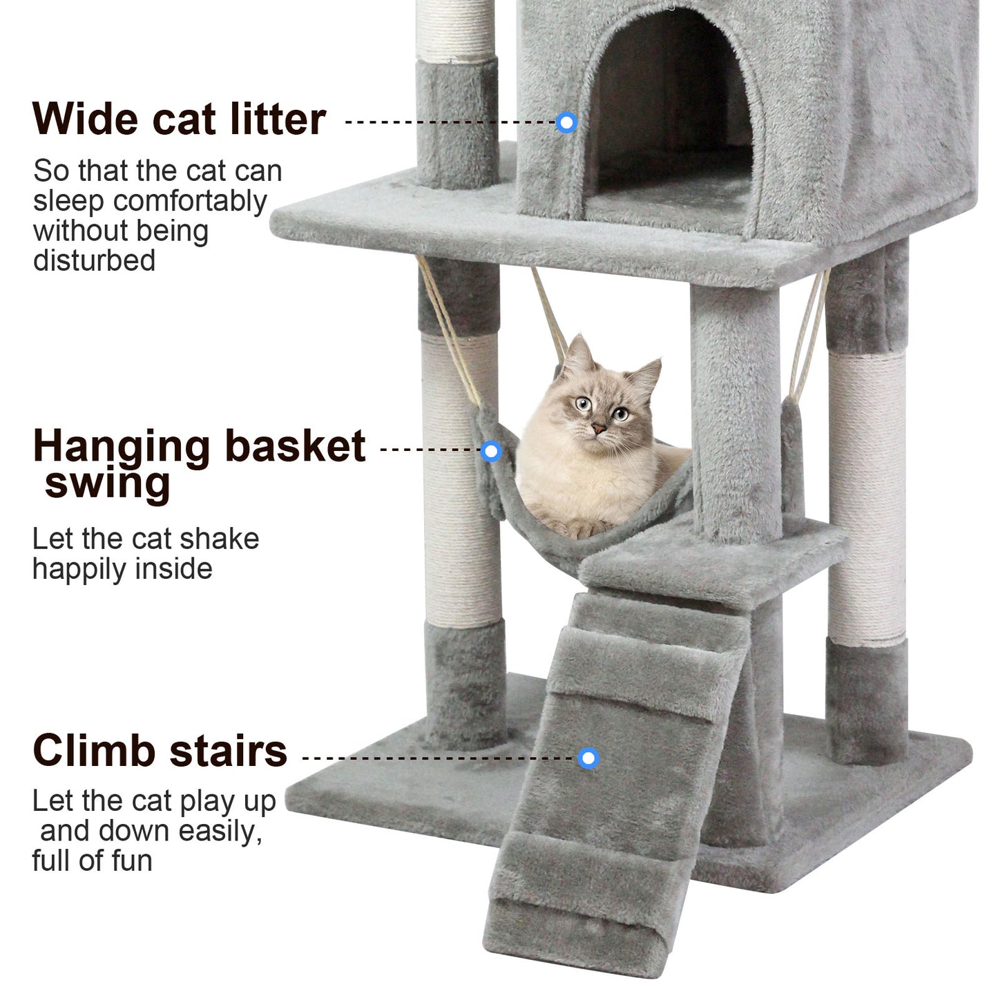 SKY-TOUCH Cat Tree Tower,Cat Condo with 4 Sisal Scratching Post,Activity Centre Cat Climbing Tree with Cat House,Hammock, Sisal Posts, Ladder, and Rest Place for Indoor Cat(120×54×30cm)Grey