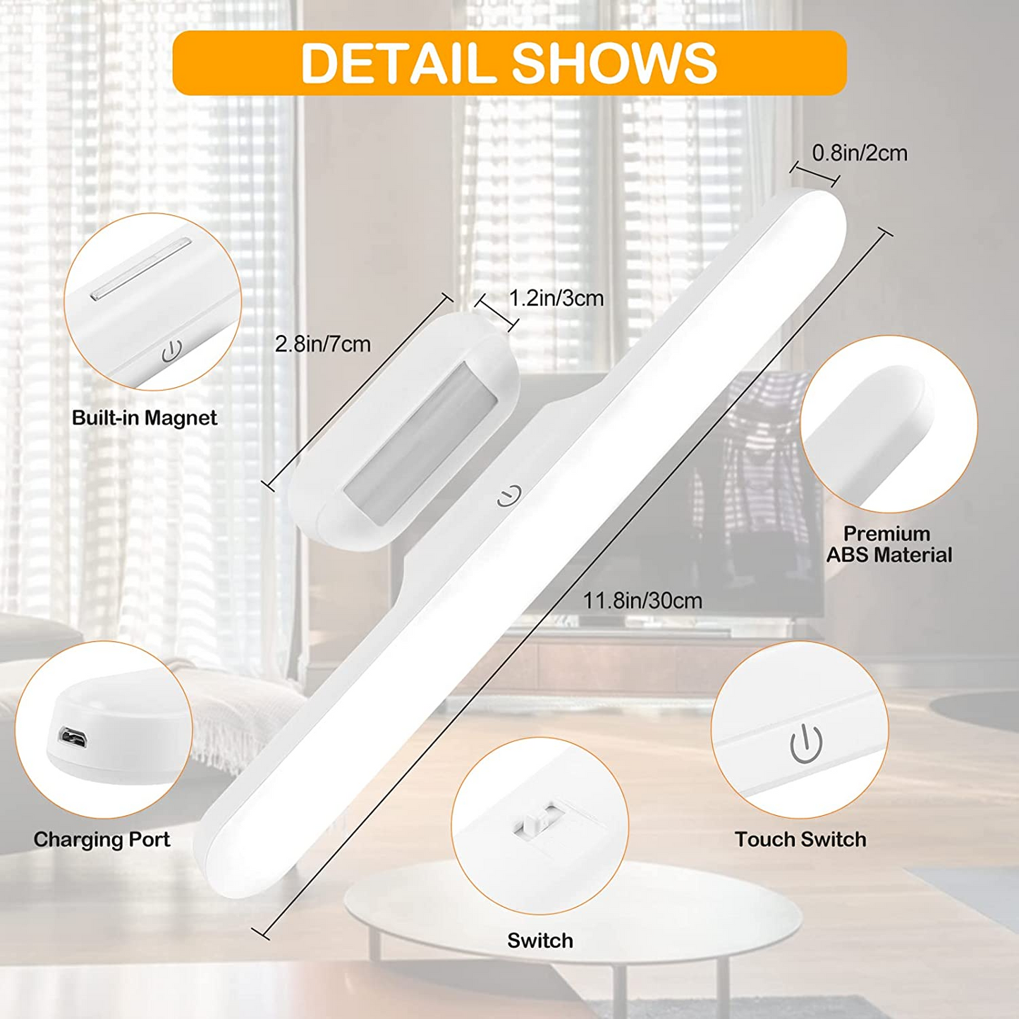 أضواء SKY-TOUCH تحت الخزانة، مصابيح LED ببطارية قابلة لإعادة الشحن، شريط إضاءة LED خافت مع 3 أوضاع ألوان، قابلة لإعادة الشحن عبر USB، رف حائط، خزانة، مرآة، بجانب السرير، إضاءة المطبخ