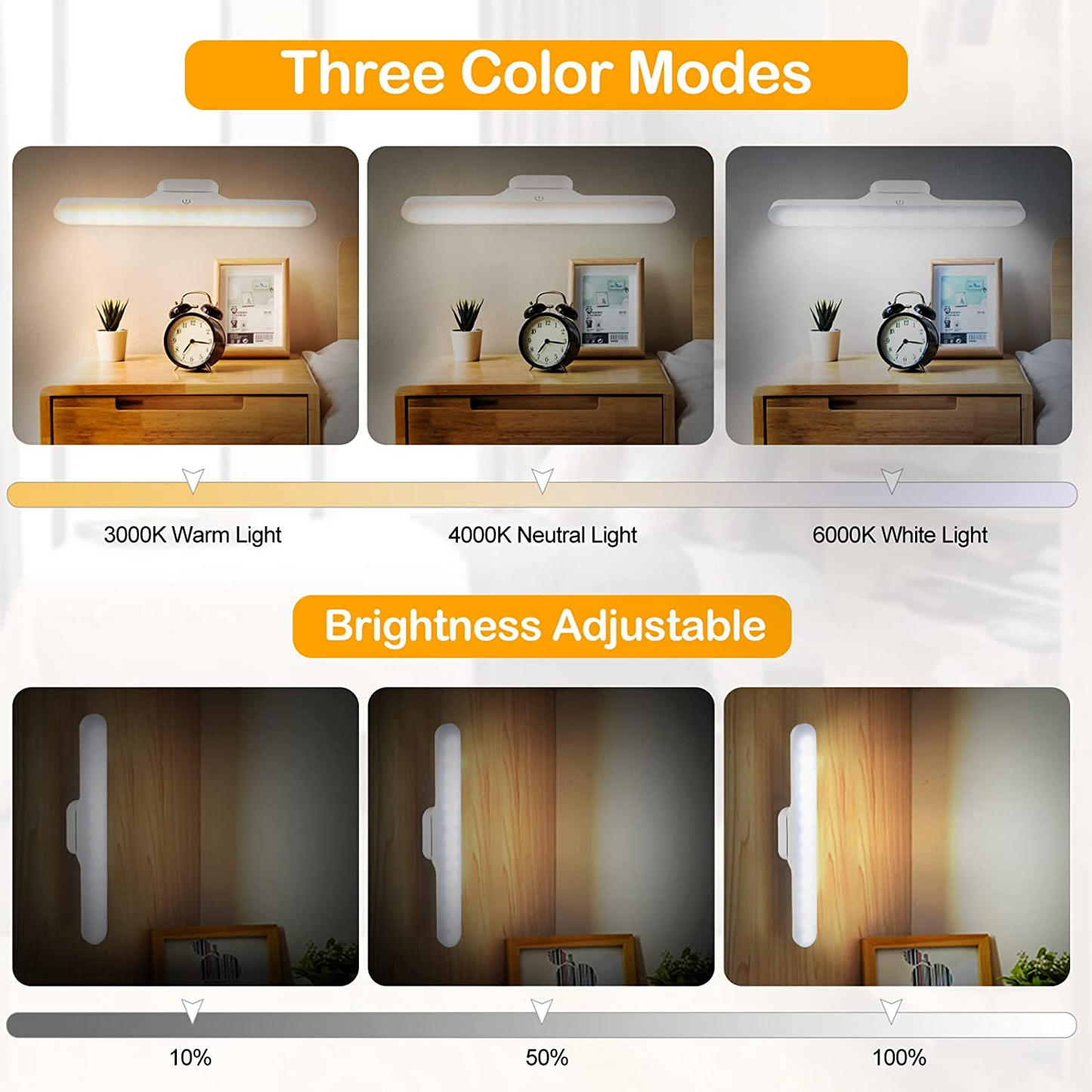 أضواء SKY-TOUCH تحت الخزانة، مصابيح LED ببطارية قابلة لإعادة الشحن، شريط إضاءة LED خافت مع 3 أوضاع ألوان، قابلة لإعادة الشحن عبر USB، رف حائط، خزانة، مرآة، بجانب السرير، إضاءة المطبخ