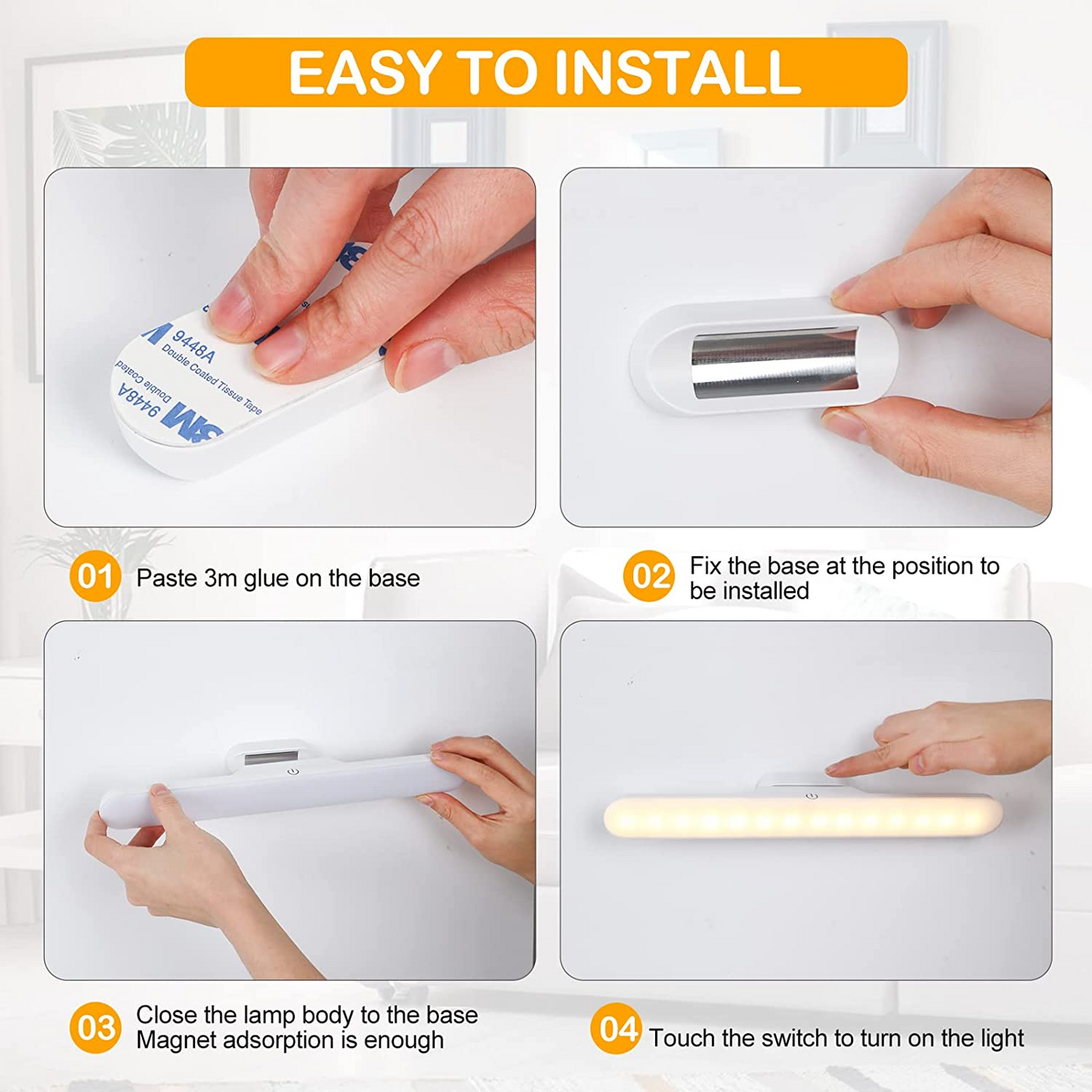 أضواء SKY-TOUCH تحت الخزانة، مصابيح LED ببطارية قابلة لإعادة الشحن، شريط إضاءة LED خافت مع 3 أوضاع ألوان، قابلة لإعادة الشحن عبر USB، رف حائط، خزانة، مرآة، بجانب السرير، إضاءة المطبخ