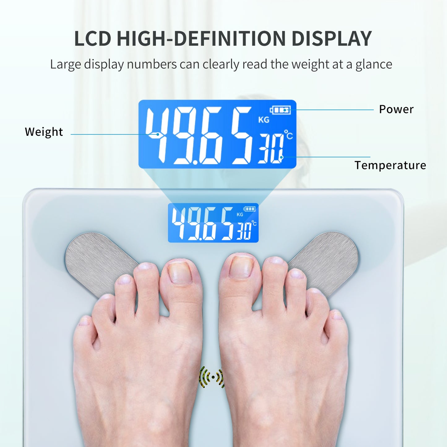 مقياس دهون الجسم الذكي متعدد الوظائف من SKY-TOUCH، ميزان حمام رقمي إلكتروني LED مع تطبيق الهاتف الذكي، يدعم 17 لغة وقياس درجة الحرارة في الأماكن المغلقة، 260*260*23 مم أبيض