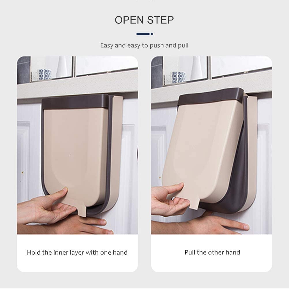 SKY-TOUCH 1 قطعة سلة المهملات المعلقة سطل القمامة المدمج القابل للطي لأدراج المطبخ أو الحمام، والخزائن والباب - بني