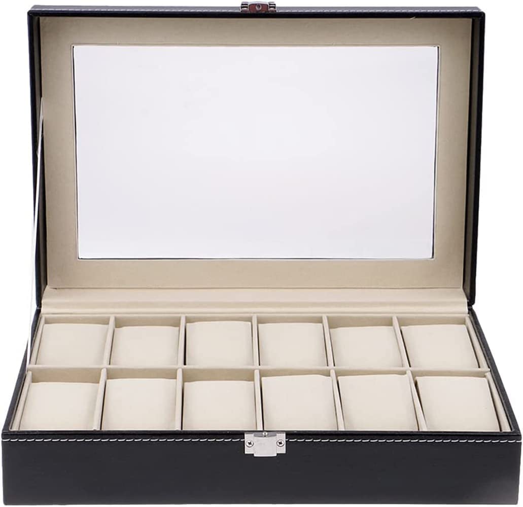 SKY-TOUCH 12 grid watch box,PU Leather Watch Case Watch Box for Men and Women,Watch Display Case with Glass Lids and Removable Pillow,Watch Display Storage Box as Gift for Valentines Day Birthday