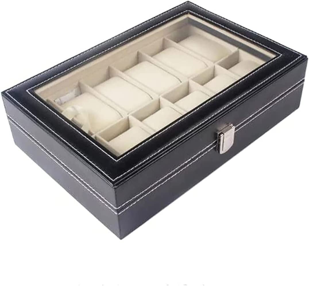 SKY-TOUCH 12 grid watch box,PU Leather Watch Case Watch Box for Men and Women,Watch Display Case with Glass Lids and Removable Pillow,Watch Display Storage Box as Gift for Valentines Day Birthday