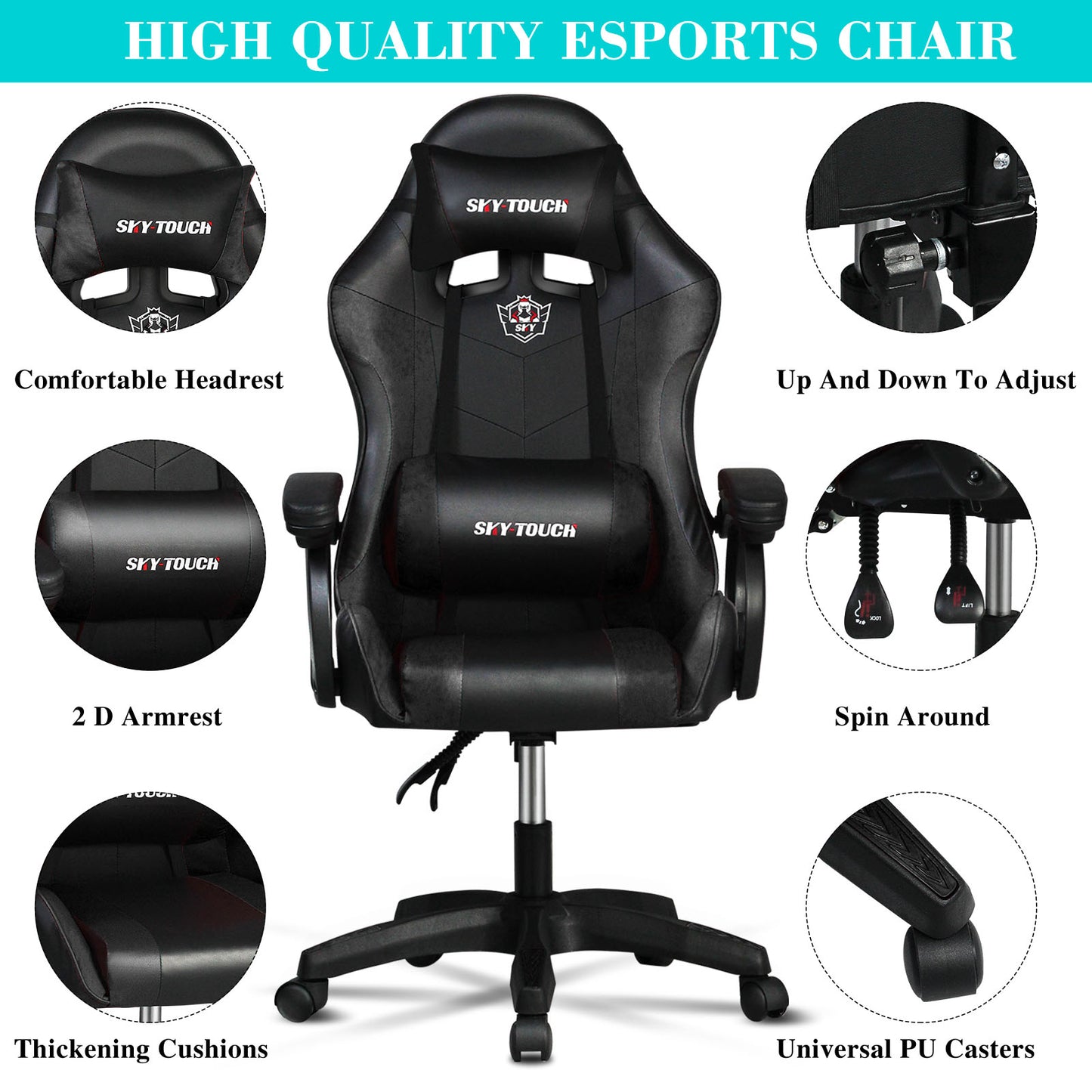 SKY-TOUCH Gaming Chair,Adjustable Computer Chair Pc Office Pu Leather High Back, Ergonomic design Lumbar Support,Comfortable Armrest Headrest
