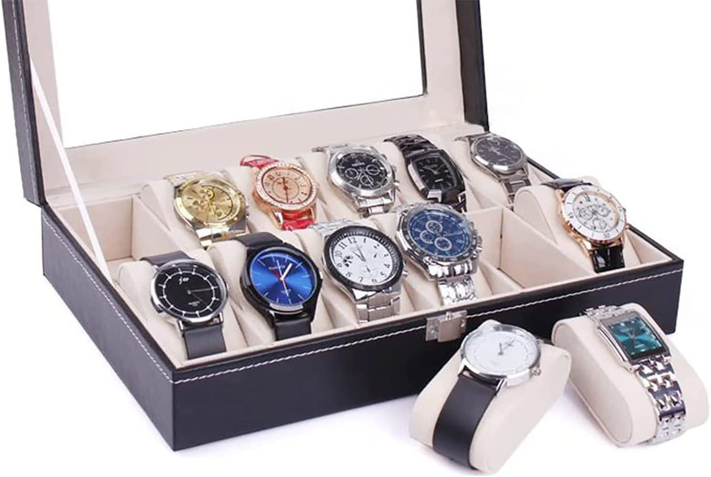 SKY-TOUCH 12 grid watch box,PU Leather Watch Case Watch Box for Men and Women,Watch Display Case with Glass Lids and Removable Pillow,Watch Display Storage Box as Gift for Valentines Day Birthday