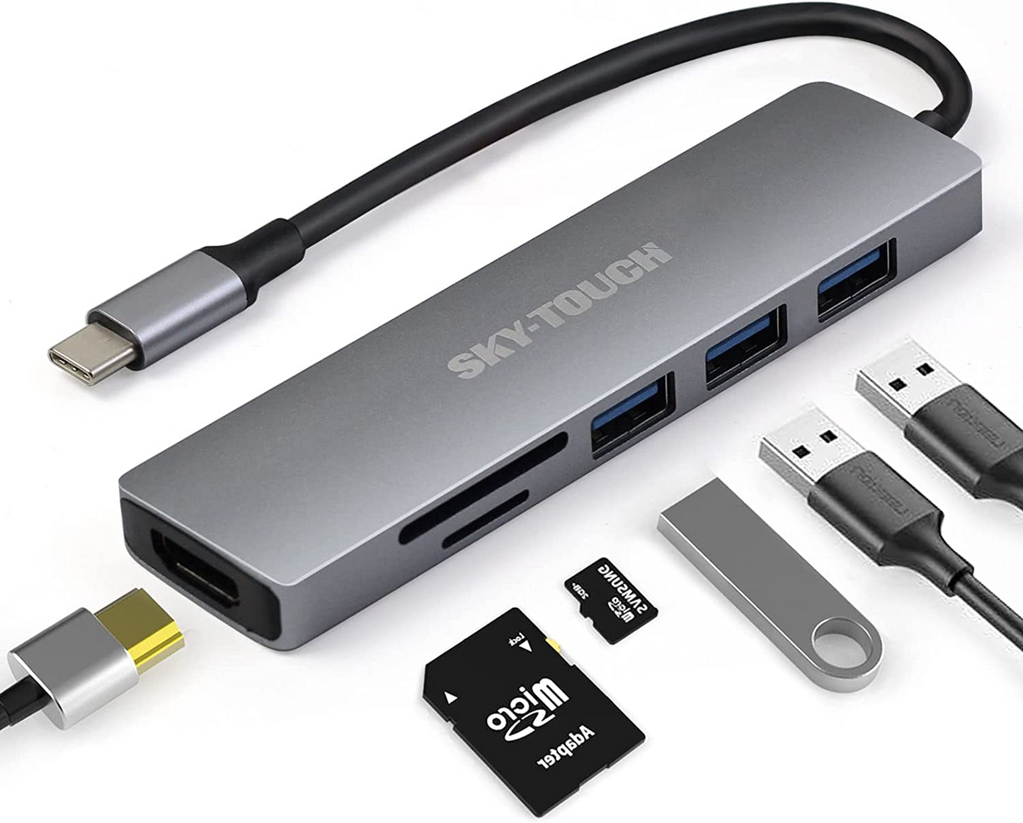 USB C Hub Multiport Adapter - 6 in 1 Portable Space Aluminum Dongle with 4K HDMI Output, 3 USB 3.0 Ports, SD/Micro SD Card Reader Compatible for MacBook Pro, XPS More Type C