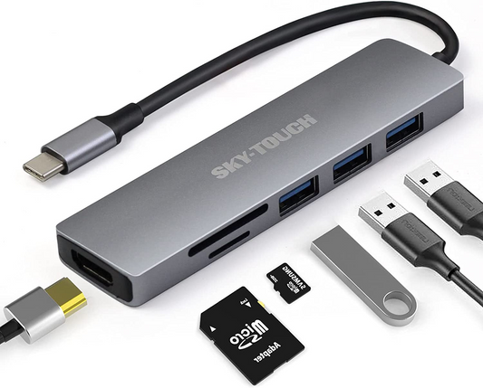 محول USB C Hub متعدد المنافذ - دونجل ألومنيوم محمول 6 في 1 مع مخرج HDMI 4K، 3 منافذ USB 3.0، قارئ بطاقة SD/Micro SD متوافق مع MacBook Pro، XPS المزيد من النوع C