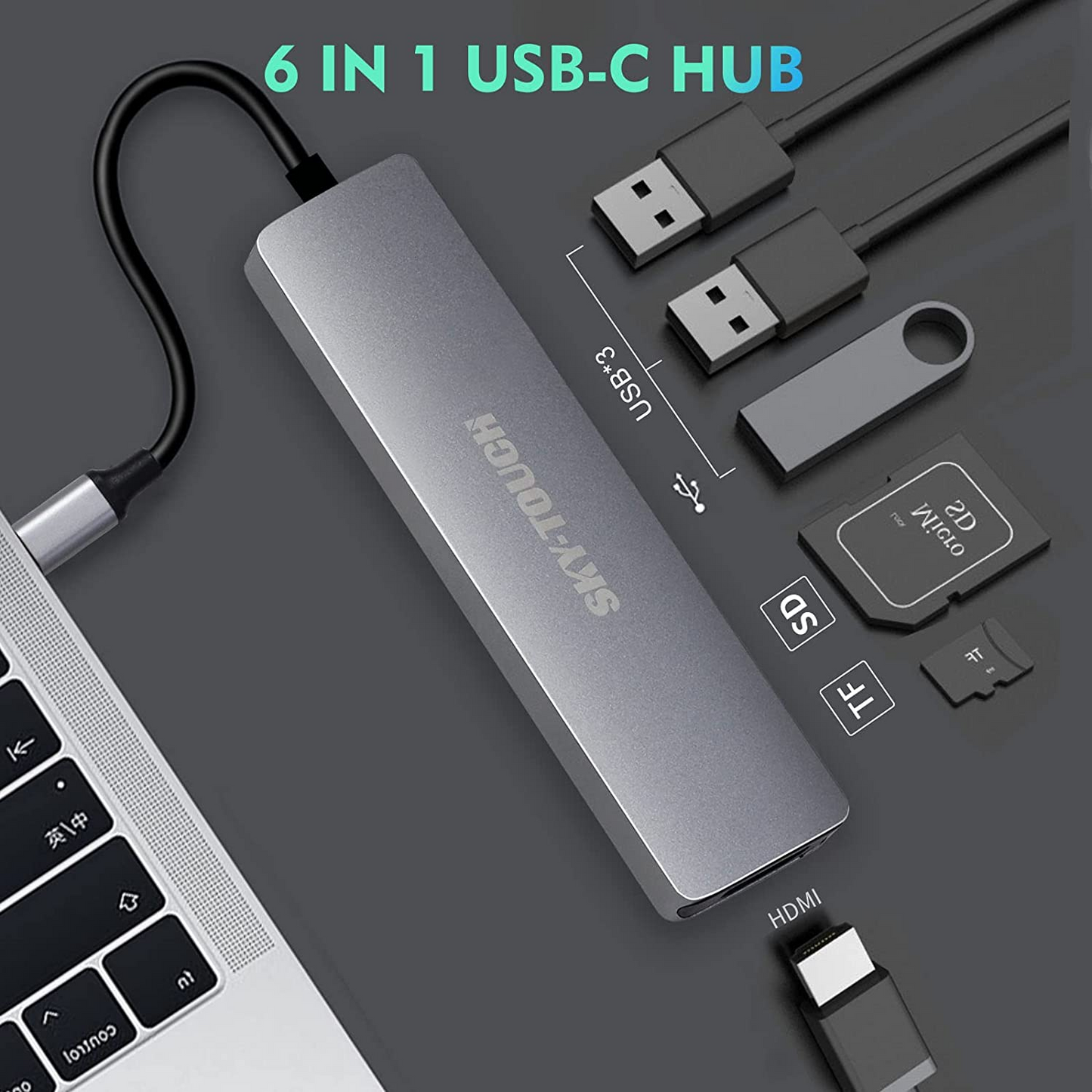USB C Hub Multiport Adapter - 6 in 1 Portable Space Aluminum Dongle with 4K HDMI Output, 3 USB 3.0 Ports, SD/Micro SD Card Reader Compatible for MacBook Pro, XPS More Type C