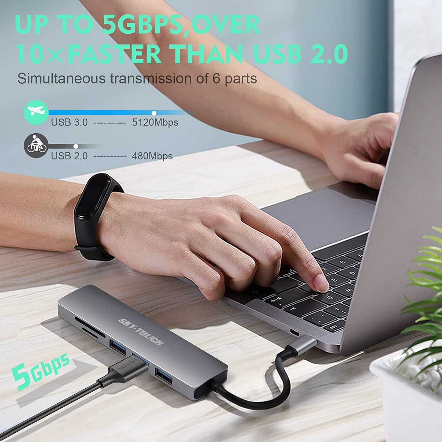 USB C Hub Multiport Adapter - 6 in 1 Portable Space Aluminum Dongle with 4K HDMI Output, 3 USB 3.0 Ports, SD/Micro SD Card Reader Compatible for MacBook Pro, XPS More Type C