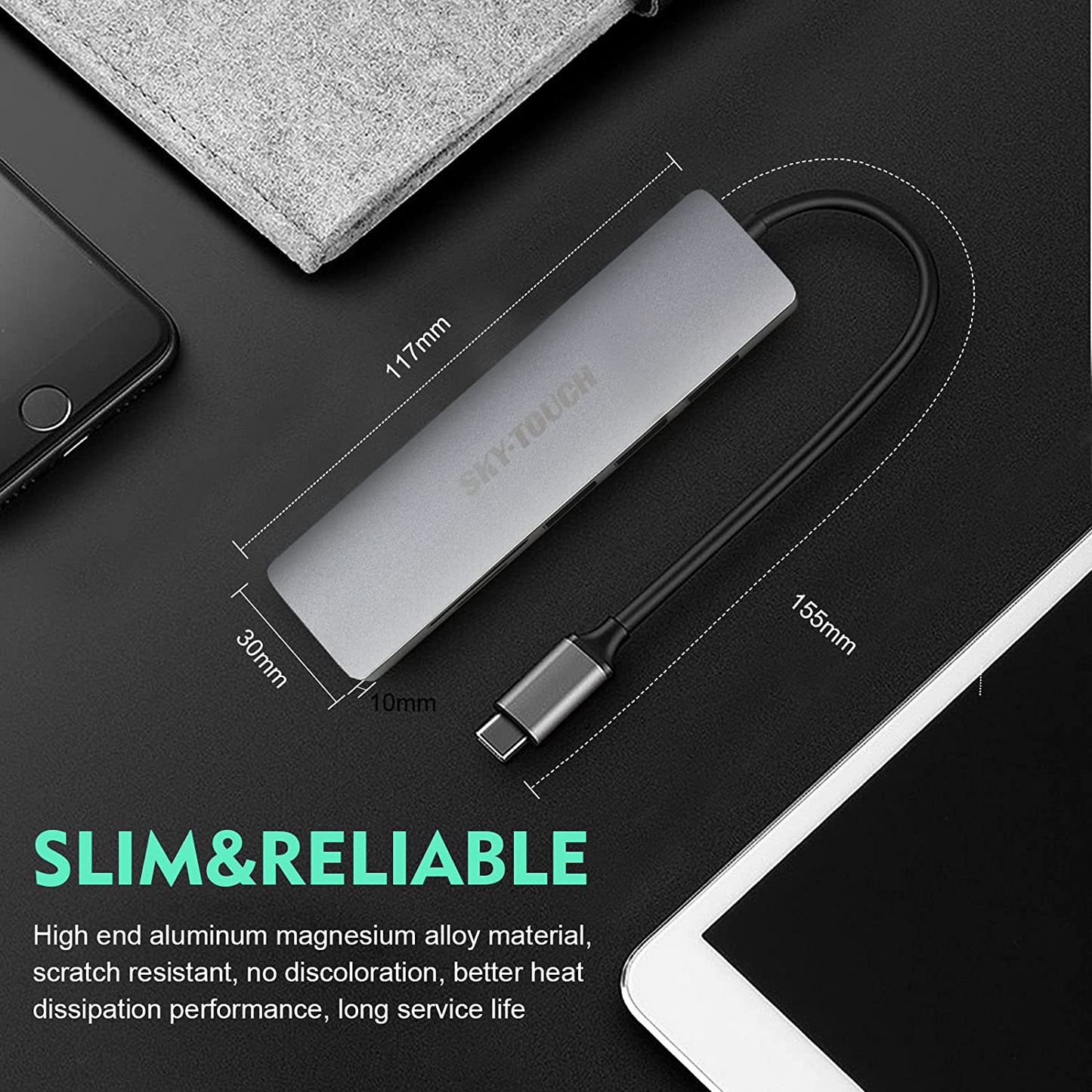 USB C Hub Multiport Adapter - 6 in 1 Portable Space Aluminum Dongle with 4K HDMI Output, 3 USB 3.0 Ports, SD/Micro SD Card Reader Compatible for MacBook Pro, XPS More Type C