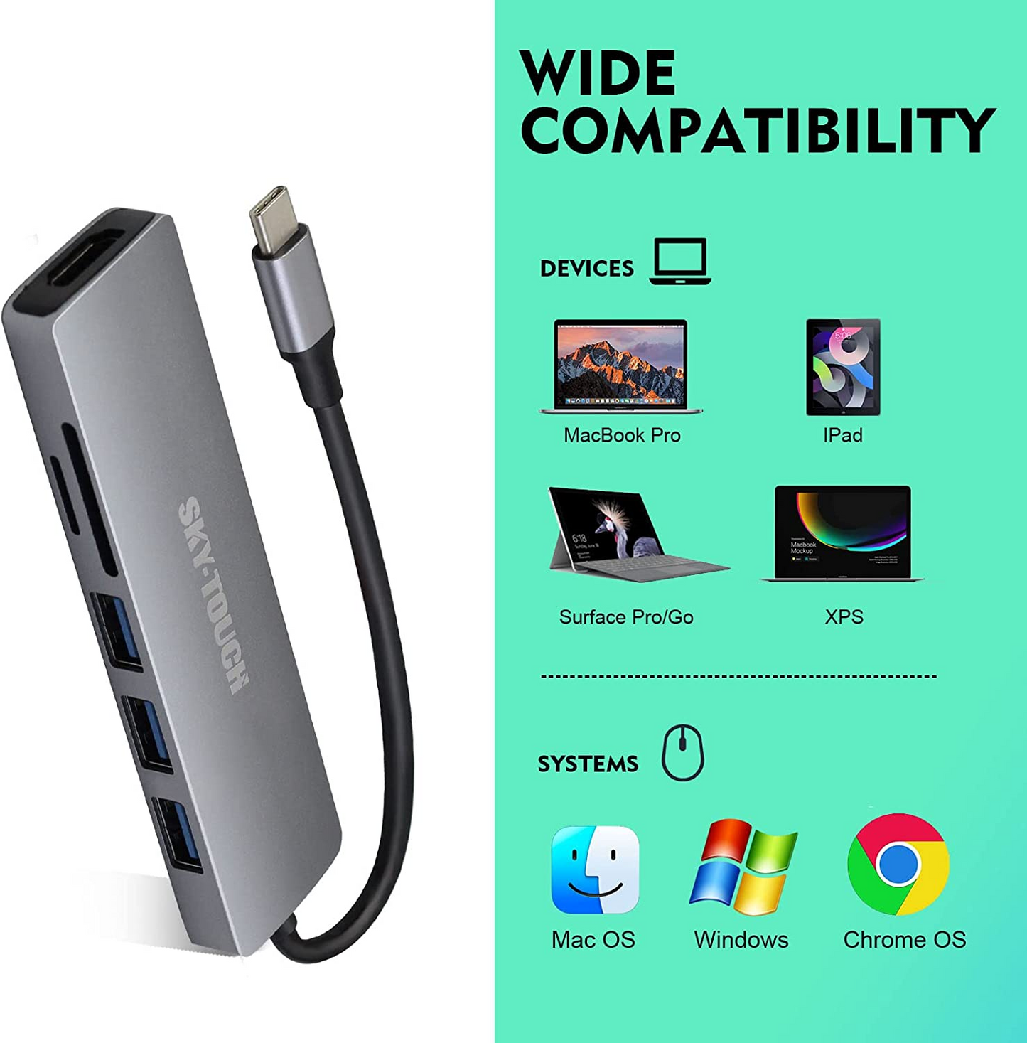USB C Hub Multiport Adapter - 6 in 1 Portable Space Aluminum Dongle with 4K HDMI Output, 3 USB 3.0 Ports, SD/Micro SD Card Reader Compatible for MacBook Pro, XPS More Type C
