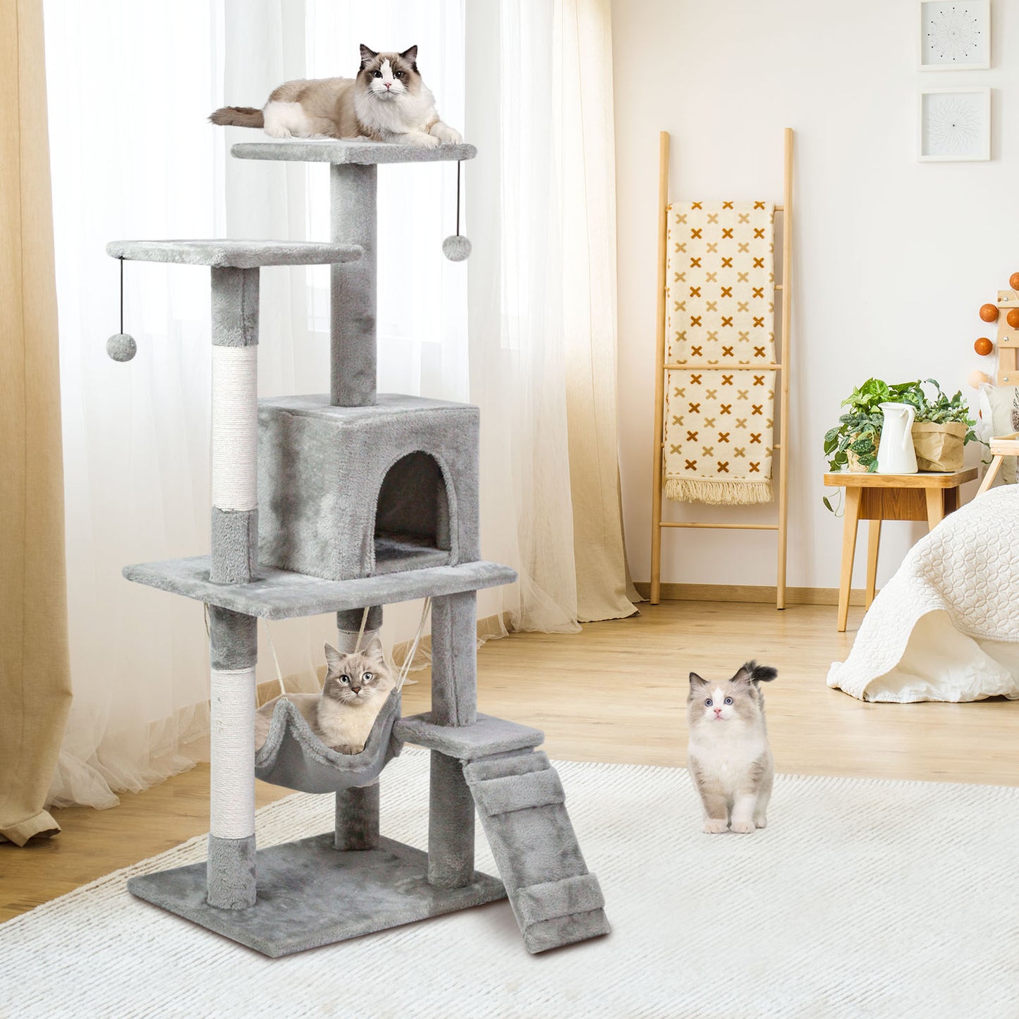 SKY-TOUCH Cat Tree Tower,Cat Condo with 4 Sisal Scratching Post,Activity Centre Cat Climbing Tree with Cat House,Hammock, Sisal Posts, Ladder, and Rest Place for Indoor Cat(120×54×30cm)Grey