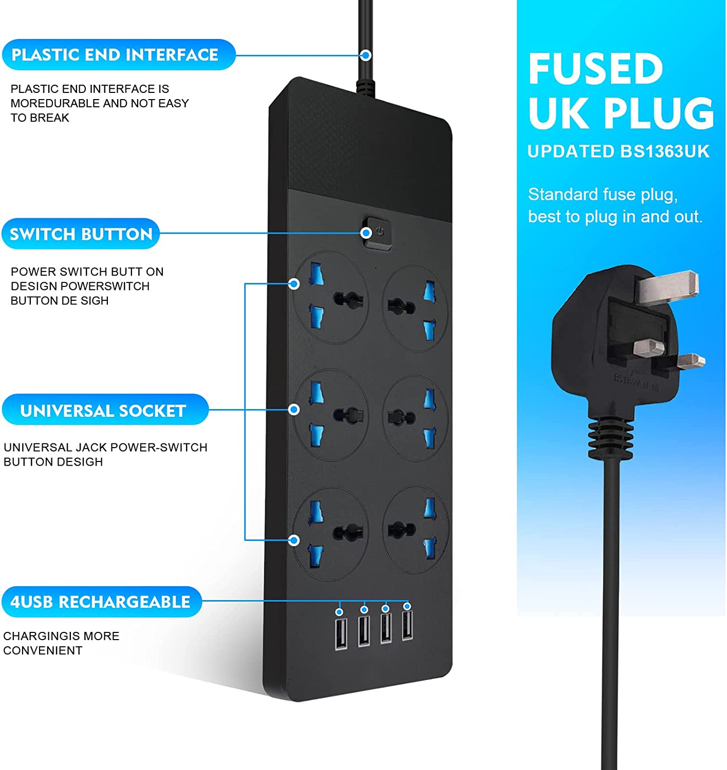 SKY-TOUCH Power Strips Extension Cord 6 Outlets, Universal Plug Adapter with 4 USB Ports Surge Protector, Charging Socket with 2M Bold Extension Cord (Black)