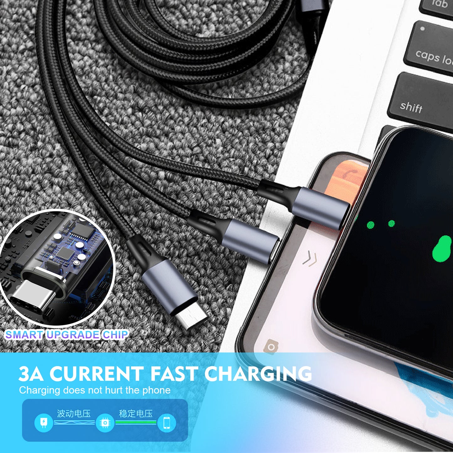 كابلات شاحن هاتف USB 3 في 1 من SKY-TOUCH، كابل شحن غير قابل للكسر من النايلون المضفر السريع 5 أمبير، سلك شحن عالمي متعدد المنافذ مع موصل USB C/Micro USB/IOS للهواتف