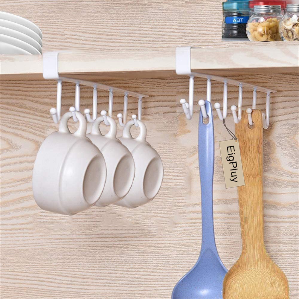 300pcs  Cup Holder Under Cabinet ,Multifunction Kitchen Drilling Free Coffee Cups Holder Hanger for Cups/Kitchen Utensils/Ties Belts/Scarf/Keys Storage Rack Cupboard Shelf Hanging Hook,White