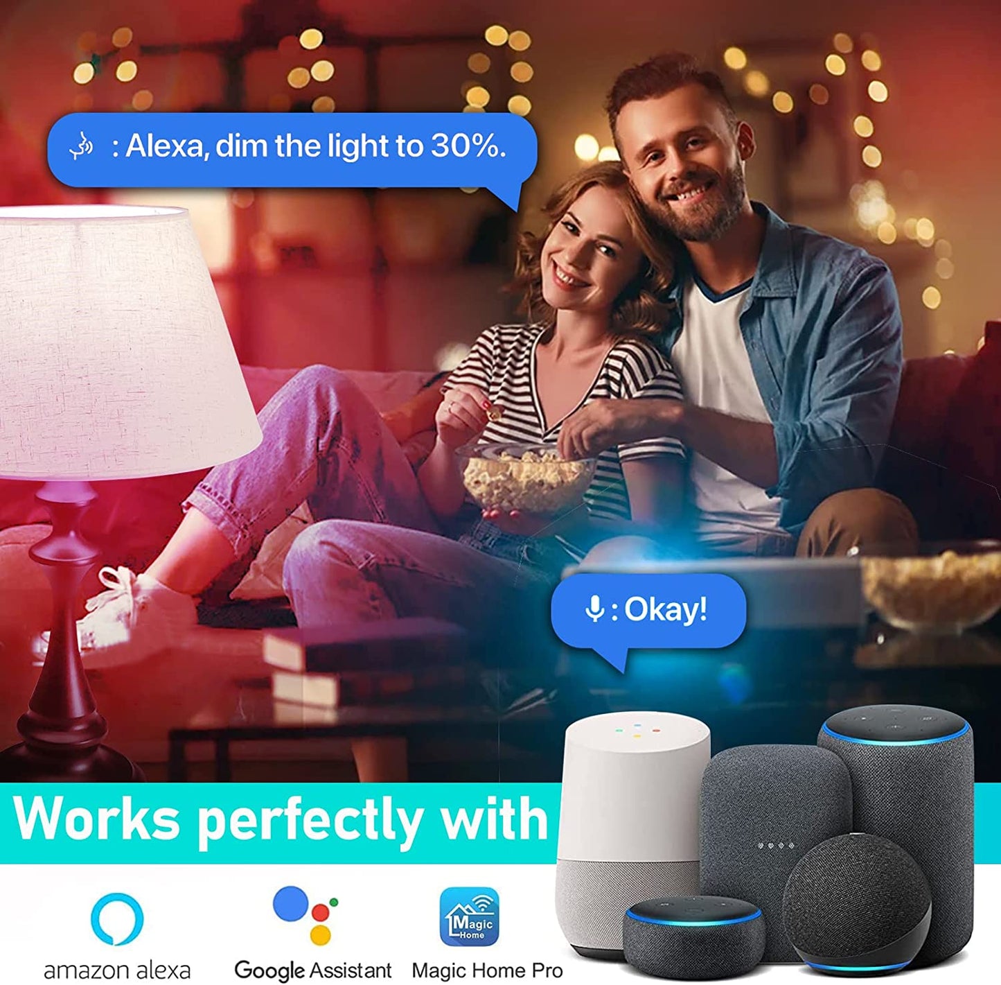 لمبة إضاءة ذكية Sky-Touch، متعددة الألوان قابلة للتعتيم واي فاي ذكية وبلوتوث متوافقة مع Alexa وGoogle Home Assistant