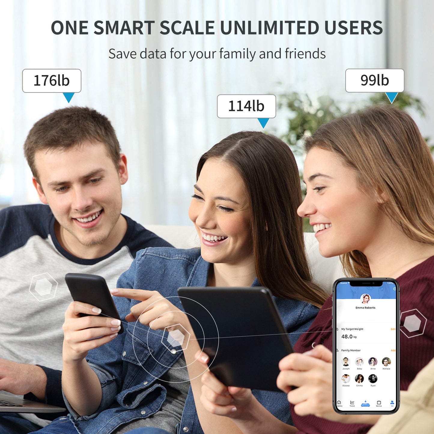 مقياس دهون الجسم الذكي متعدد الوظائف من SKY-TOUCH، ميزان حمام رقمي إلكتروني LED مع تطبيق الهاتف الذكي، يدعم 17 لغة وقياس درجة الحرارة في الأماكن المغلقة، 260*260*23 مم أبيض