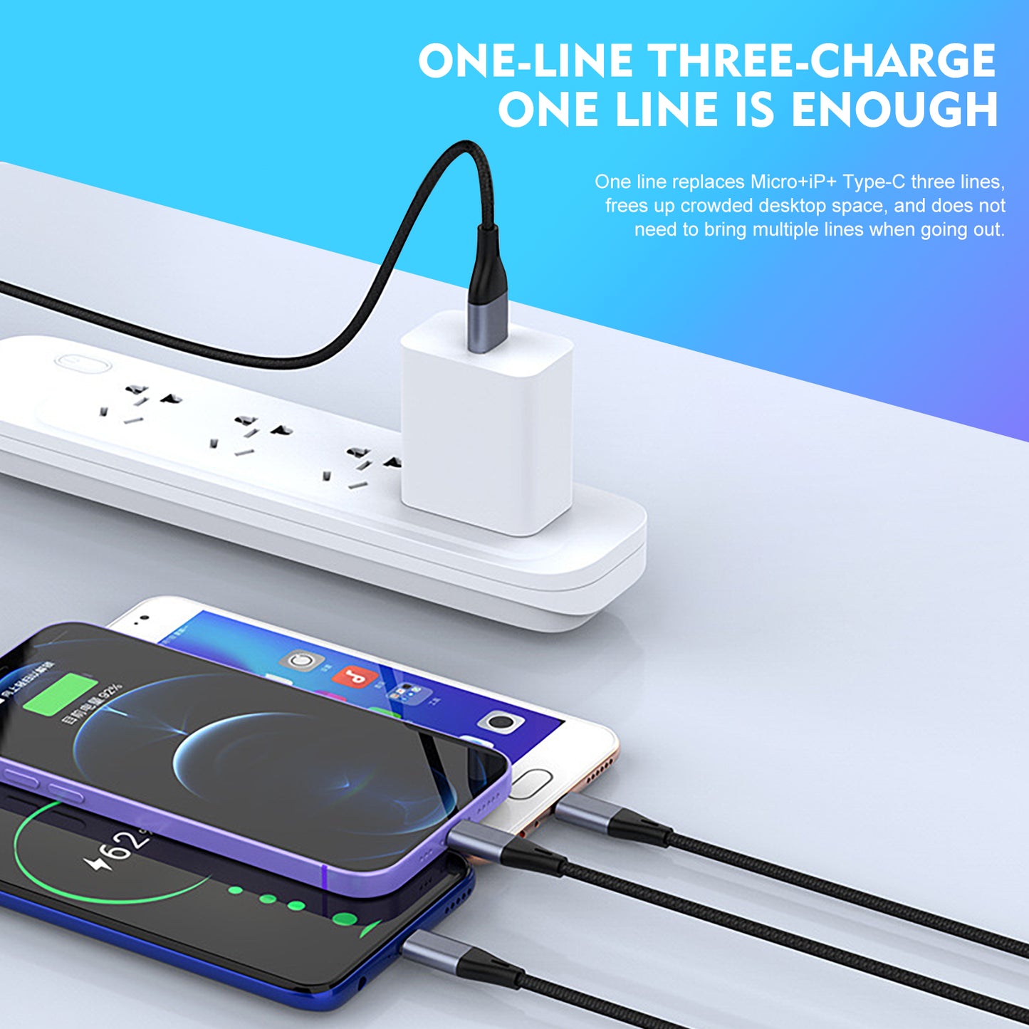كابلات شاحن هاتف USB 3 في 1 من SKY-TOUCH، كابل شحن غير قابل للكسر من النايلون المضفر السريع 5 أمبير، سلك شحن عالمي متعدد المنافذ مع موصل USB C/Micro USB/IOS للهواتف
