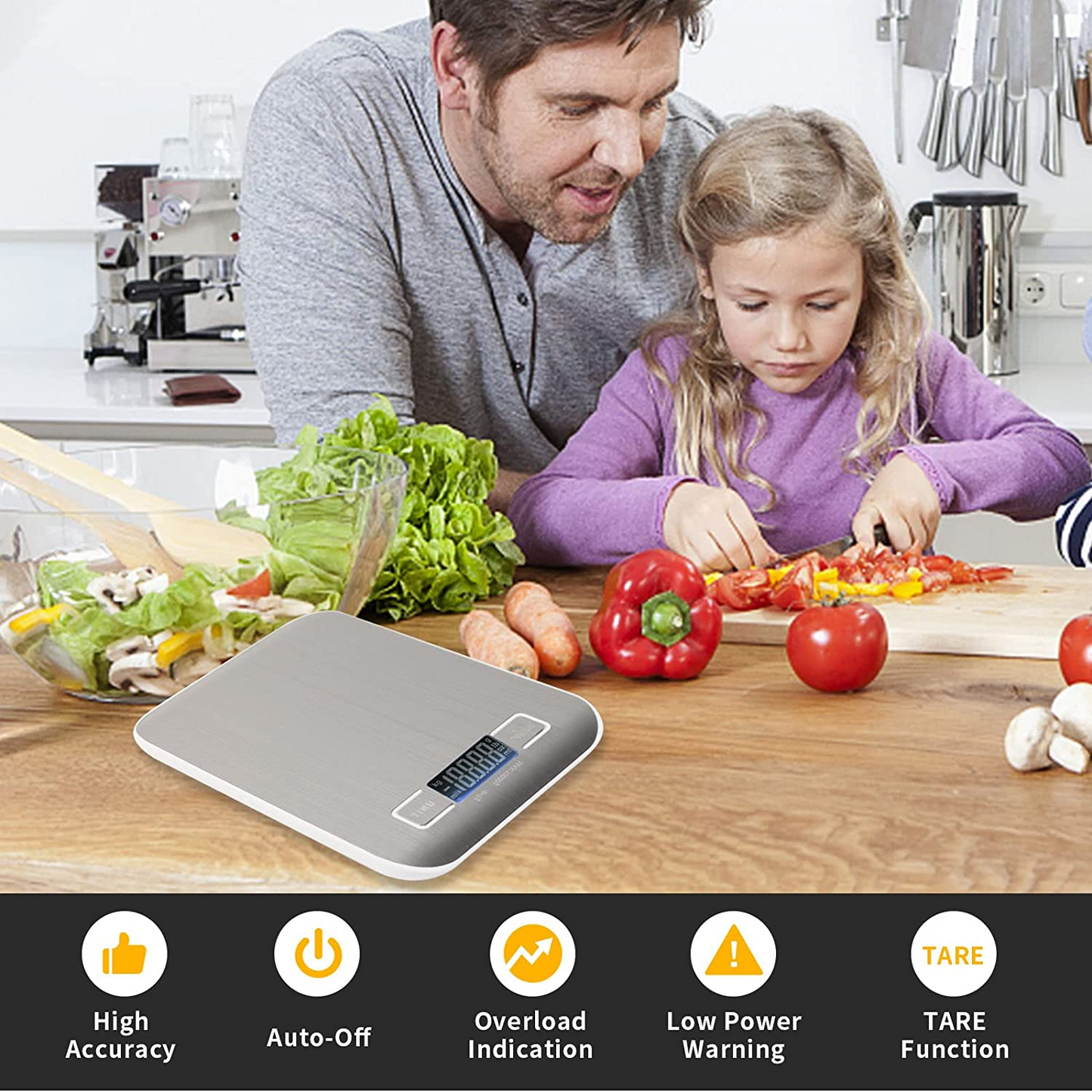 ميزان مطبخ SKY-TOUCH، ميزان طعام رقمي متعدد الوظائف للخبز والطهي واتباع نظام غذائي، ميزان مطبخ مع شاشة LCD ومنصة من الفولاذ المقاوم للصدأ، نحيف للغاية، وظيفة فارغة