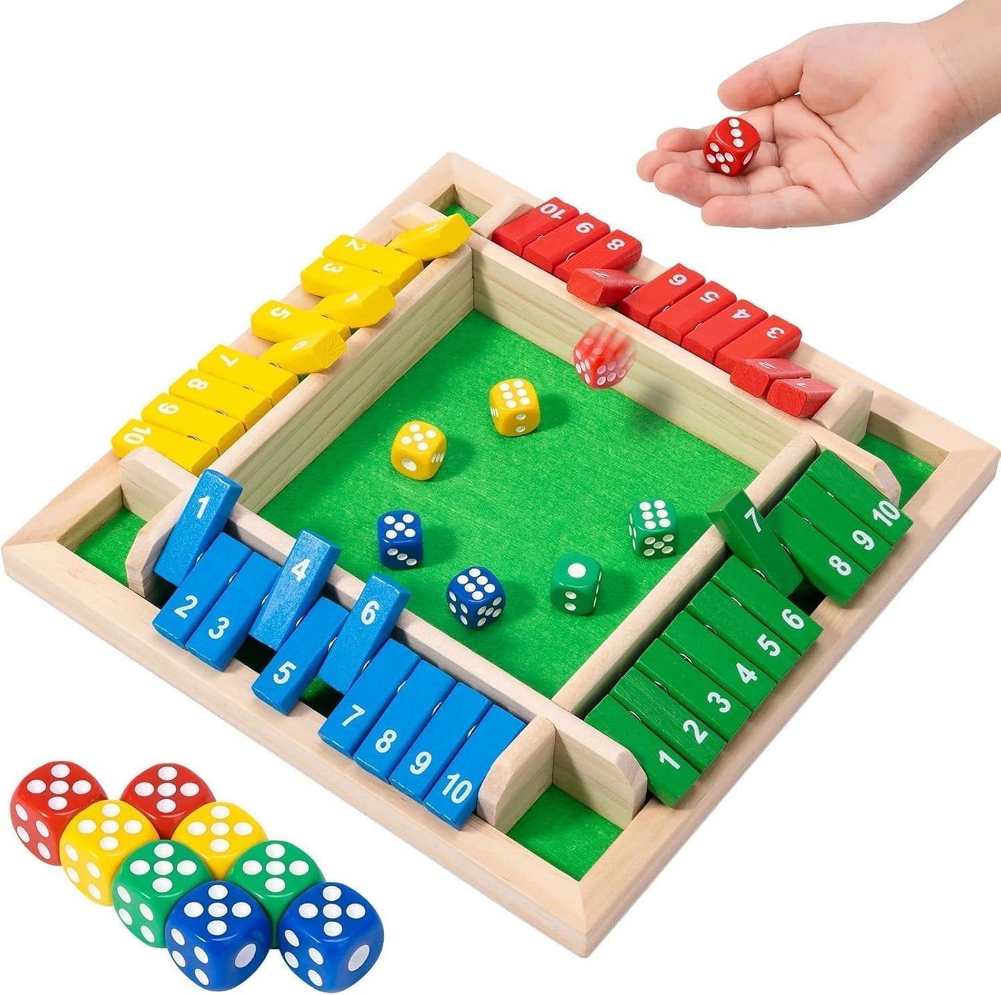 SKY-TOUCH Shut The Box Dice Game, 4-player wooden dice game, Family wooden desktop math game, 8 dice classic desktop game, Suitable for family education,Fun party classroom,Kids Adults.