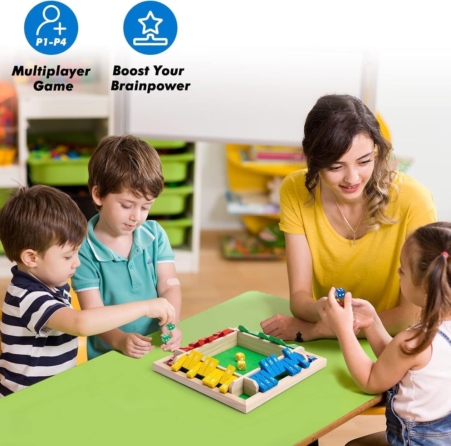 SKY-TOUCH Shut The Box Dice Game, 4-player wooden dice game, Family wooden desktop math game, 8 dice classic desktop game, Suitable for family education,Fun party classroom,Kids Adults.