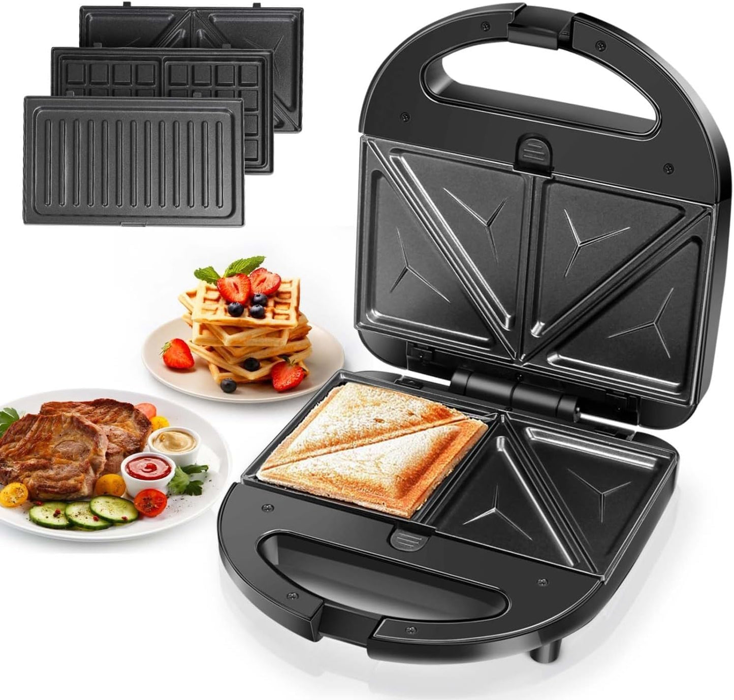 SKY-TOUCH 3 in 1Sandwich Maker: Portable Waffle Maker Toaster Electric Panini Press Grill Set with Removable Non-stick Plates Indicator Lights Easy Clean Heating Fast (Black 750W)
