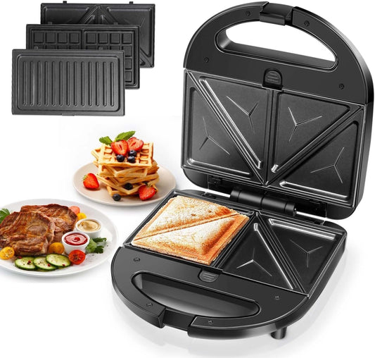 SKY-TOUCH 3 in 1Sandwich Maker: Portable Waffle Maker Toaster Electric Panini Press Grill Set with Removable Non-stick Plates Indicator Lights Easy Clean Heating Fast (Black 750W)