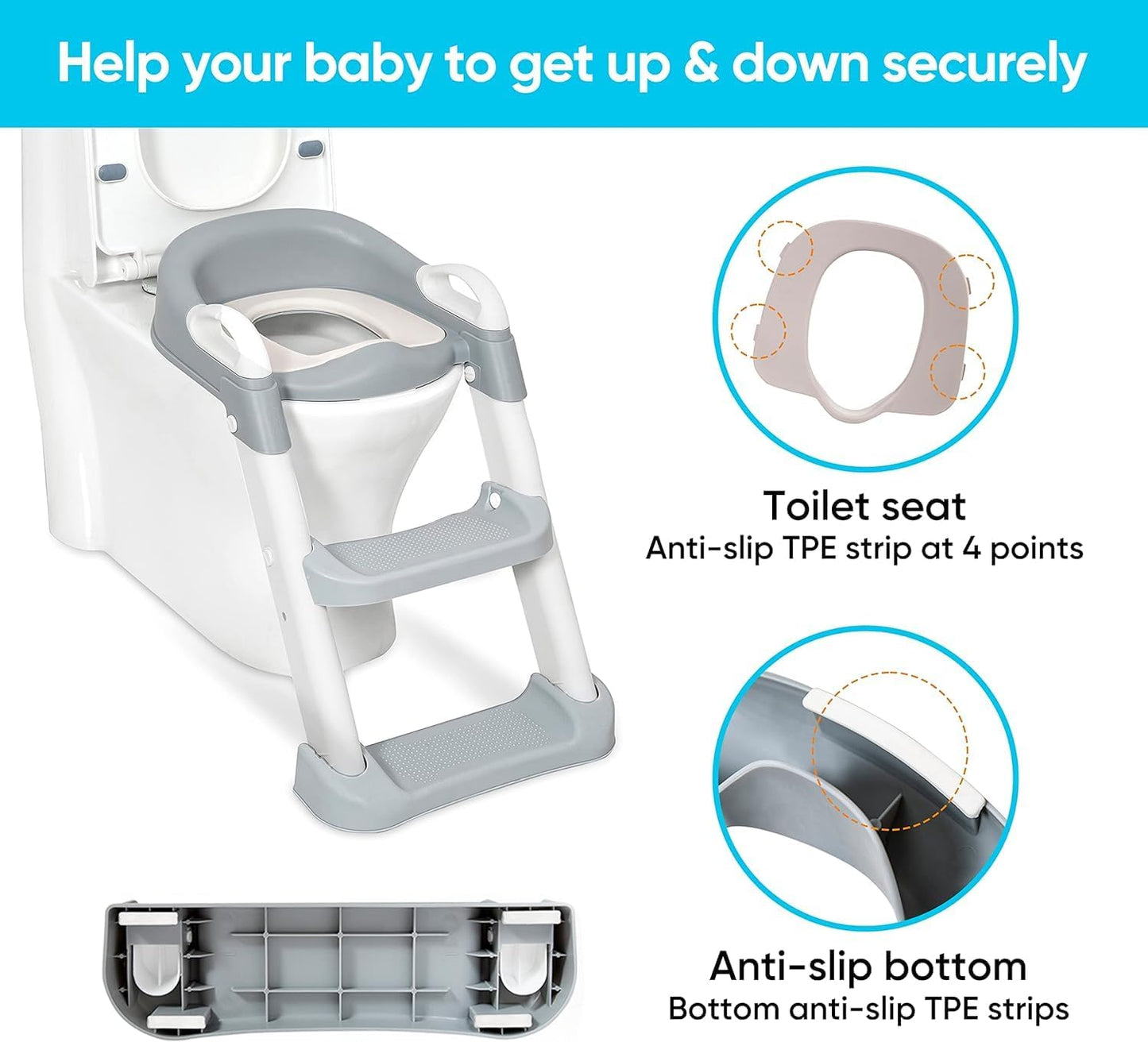 SKY-TOUCH Kids Potty Training Seat with Steps,Adjustable Toddlers Potty Toilet Trainer,Toilet Ladder Seat, Folding Children's Toilet Training with Steps Non Slip & Space Efficient for Boys Girls，Grey