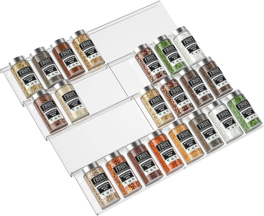 SKY-TOUCH Spice Drawer Rack, 4 Tier- 2 Set (8 Pcs) Expandable From 11" to 22" Clear Acrylic Seasoning Jars Drawers Organizer, Kitchen Drawers, Cabinets Countertops Expandable Storage for Spice Jars