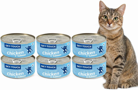 SKY-TOUCH 6Pack Wet Cat Food Can 85g, Shredded Real Meat in Broth, Grain-Free High Protein Cat Food with Taurine, Fish Oil, Vitamins & Minerals, Hydrating Nutrition for Kittens & Adult Cats(Salmon)