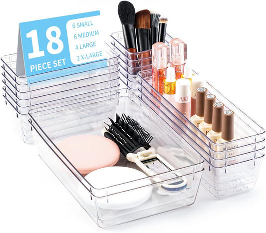 SKY-TOUCH 18PACK Clear Plastic Drawer Organizer,Drawer Organizer Trays,Desk Drawer Organizer Trays,4 Size Large Storage Organizer Divider Set for Fridge Organizer, Bathroom, Vanity Storage Bins,Office