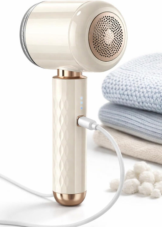 SKY-TOUCH Rechargeable Fabric Shaver, Portable Hairball Trimmer with 6 Leaf Cutter Heads, Large Lint Storage Box, Portable Design for Clothes Furniture Sofa Carpet Sweater, Beige Color