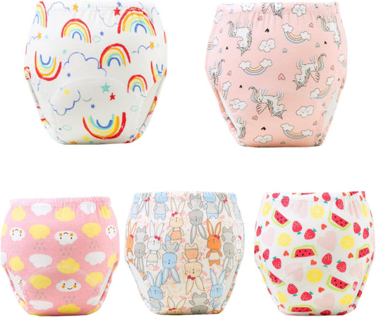 SKY-TOUCH 5PCS Baby Potty Training Pants Cotton, Soft Breathable Potty Training Underwear for 1-3 Years, Highly Absorbent Reusable Diapers for Baby Boys & Girls (M, Girl 8-13kg)