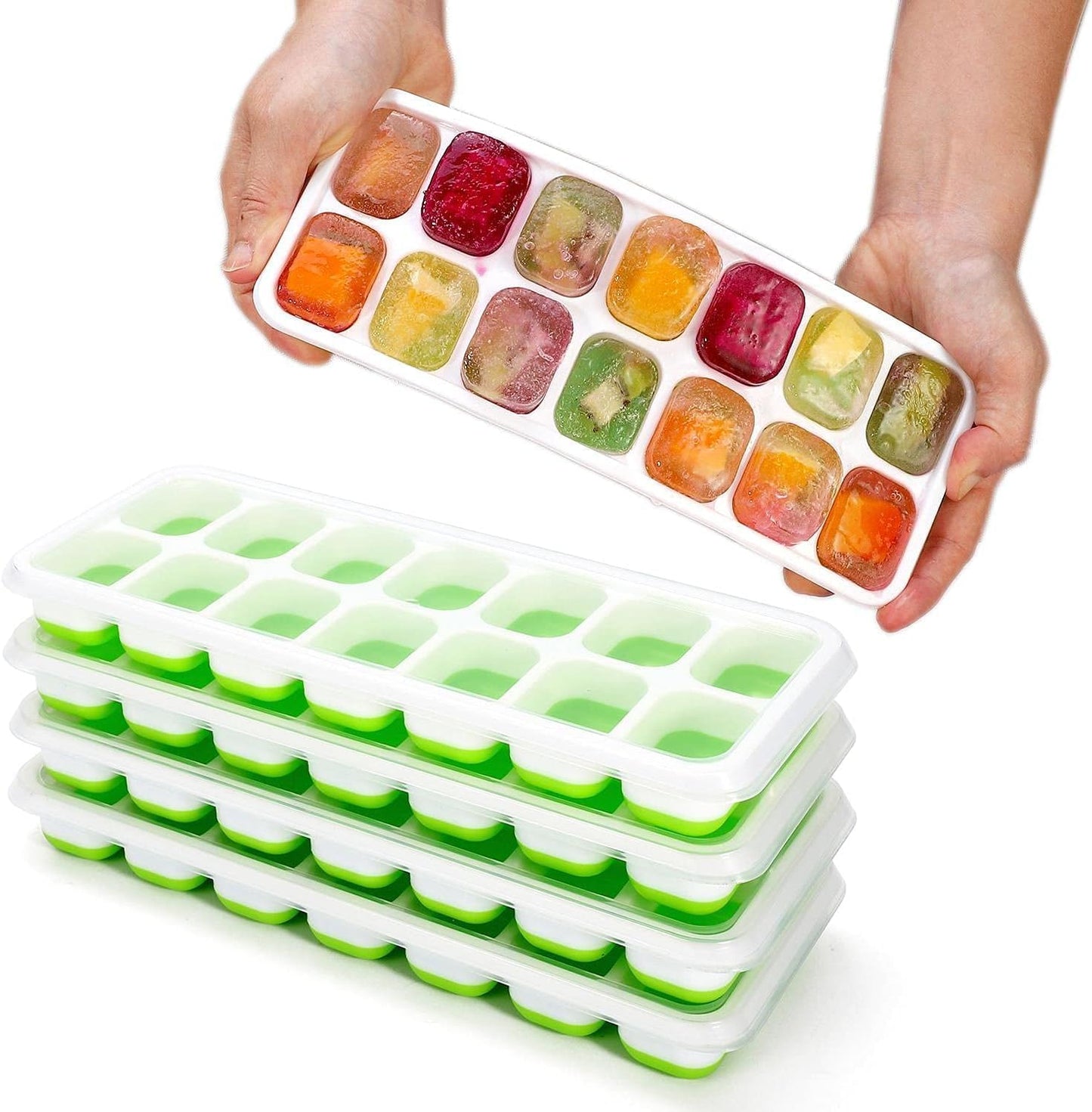 SKY-TOUCH 4 Pack Ice Cube Trays with Clear Removable Lid Easy-Release Silicone Flexible Ice Cube Moulds and BPA Free Stackable Durable - Green, 25x10x3cm