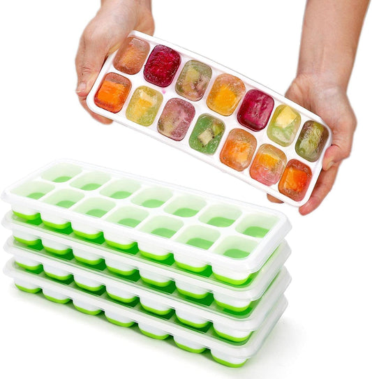 SKY-TOUCH 4 Pack Ice Cube Trays with Clear Removable Lid Easy-Release Silicone Flexible Ice Cube Moulds and BPA Free Stackable Durable - Green, 25x10x3cm