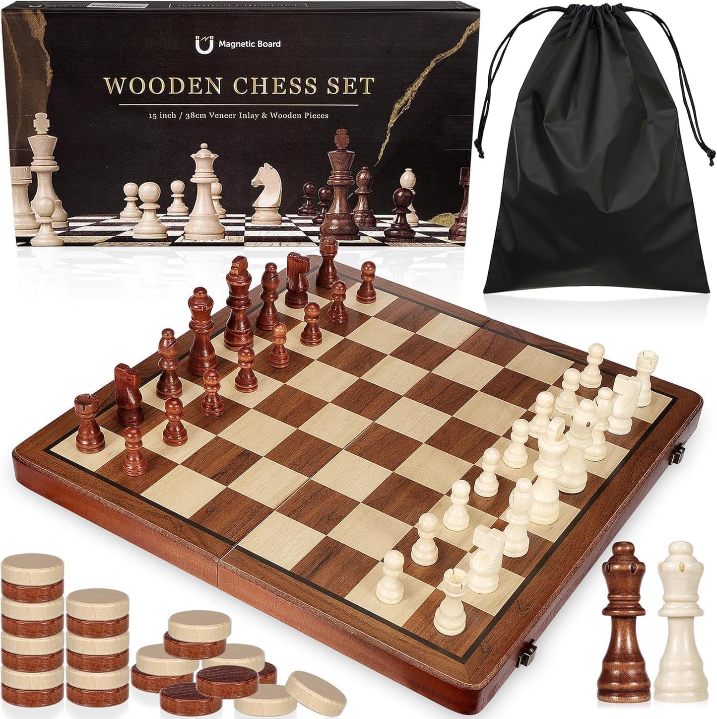 SKY-TOUCH Magnetic Wooden Chess Set, Chess Set, Chess Board, Adult Magnetic Set,Classic Handmade Game Board,Portable and Folding Game for Kids and Adults,Beginners and Professionals,39 * 39 * 1cm.