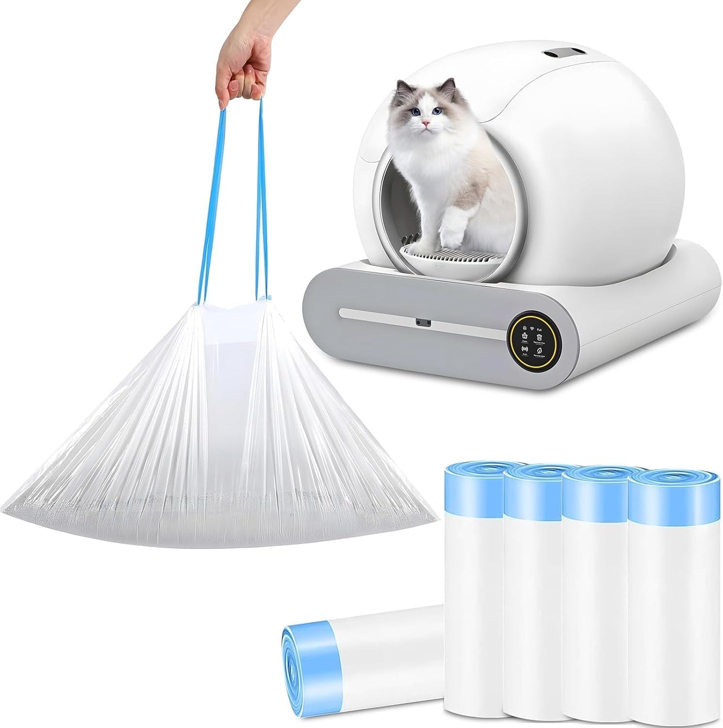 SKY-TOUCH Self-cleaning Cat Litter Box Waste Bags,Extra-Thick Cat Waste Bags for Self-Cleaning Cat Litter Box, Drawstring Cat Litter Liner Box Self Cleaning Trash Bags,45 x 50cm (4 Rolls - 60 count)