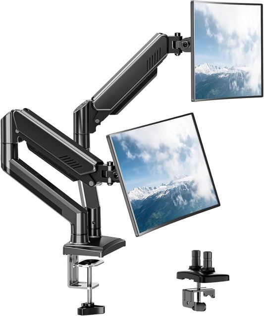 SKY-TOUCH Dual Monitor Stand for 17–32 Inches, Adjustable Gas Spring Dual Arm Mount, Heavy Duty Full Motion Monitor Desk Mount with Clamp & Grommet Base, VESA 75x75/100x100, Holds up to 10kg per Arm