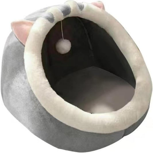 SKY-TOUCH Indoor Cat Bed, Semi-enclosed Cat Igloo Cave Bed for Indoor Kittens, Round Donut Cat House Nest with Fluffy Ball Hanging, Soft Pet Cat Cave for Cats with Anti-Slip Bottom, 48x45x40cm