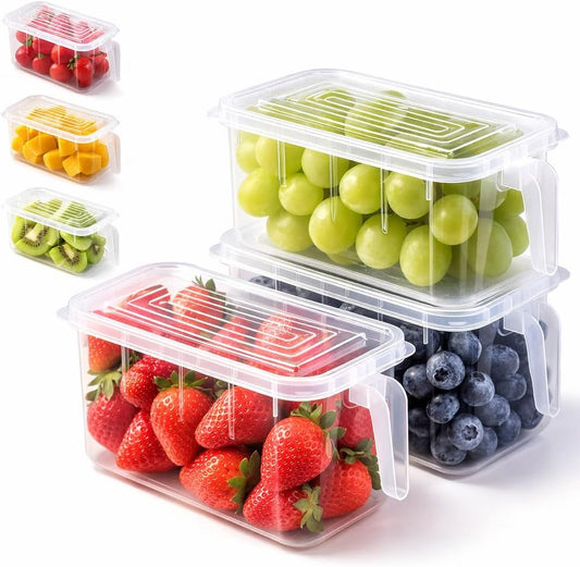 SKY-TOUCH 3 Pieces Refrigerator Organizer, Stackable Plastic Kitchen Food Storage Containers with Lids and Handle for Fruits and Vegetables, Freezer Safe Food Storage Boxes, Transparent