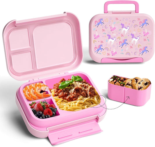 SKY-TOUCH Kids Bento Lunch Box,5-Compartment Leakproof Container with handle Movable Snack Box BPA-Free, Dishwasher & Microwave Safe Utensils Included for Kids/Adults | School, Office & Travel | Pink