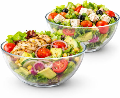 SKY-TOUCH 2 PCS Glass Mix Bowl Set, Round Glass Bowl, Salad Bowl Glass for Kitchen, Baking, Prepping, Serving, Cooking, Stackable, Non-toxic, Microwavable, L Size: 26.5 x 11cm, S Size: 22.5 x 10cm